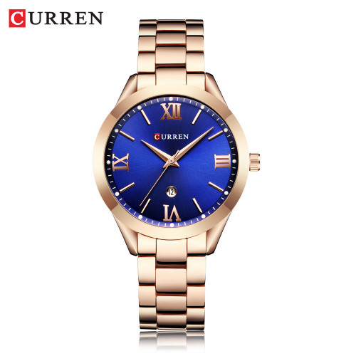 ساعت زنانه تقویم دار استیل مجلسی کارن 9007 (کورن CURREN) رزگلد-سرمه ای