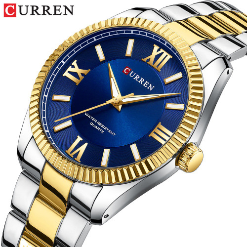 ساعت مردانه یونانی بند استیل کارن 8453 (کورن CURREN) نقره ای-طلایی-سرمه ای