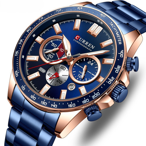 ساعت سه موتوره مردانه فول تایم کارن 8418 آبی-رزگلد (کورن CURREN)
