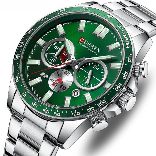 ساعت سه موتوره مردانه فول تایم کارن 8418 نقره ای-سبز (کورن CURREN)