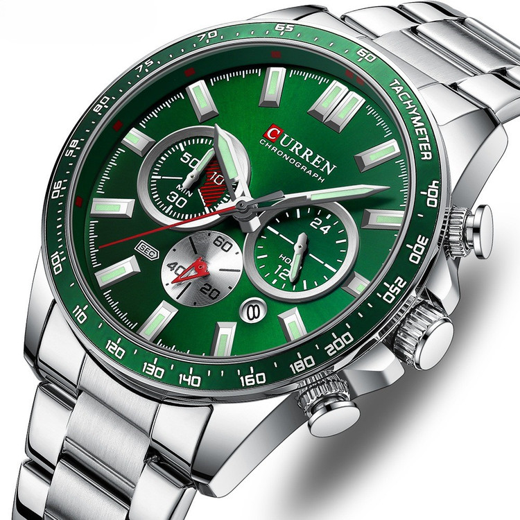 ساعت سه موتوره مردانه فول تایم کارن 8418 نقره ای-سبز (کورن CURREN)