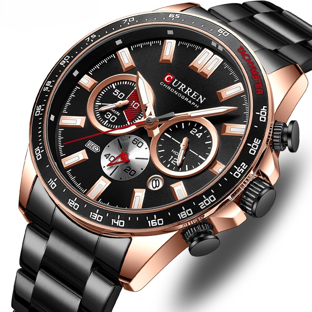 ساعت سه موتوره مردانه فول تایم کارن 8418 مشکی-رزگلد (کورن CURREN)