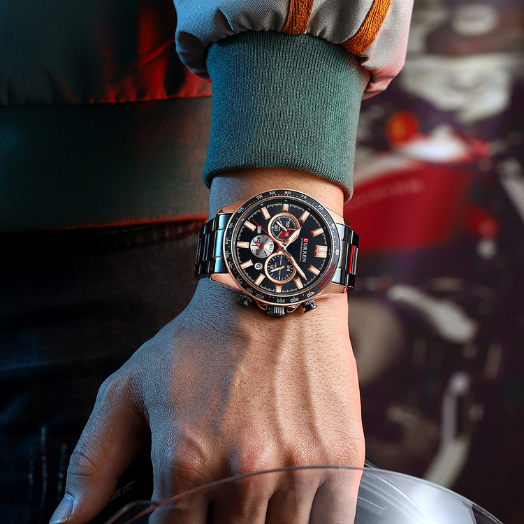 قیمت ساعت سه موتوره مردانه فول تایم کارن 8418 مشکی-رزگلد (کورن CURREN)