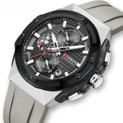 ساعت سه موتوره مردانه اسپرت بند سیلیکونی کارن 8462 (کورن CURREN) خاکستری