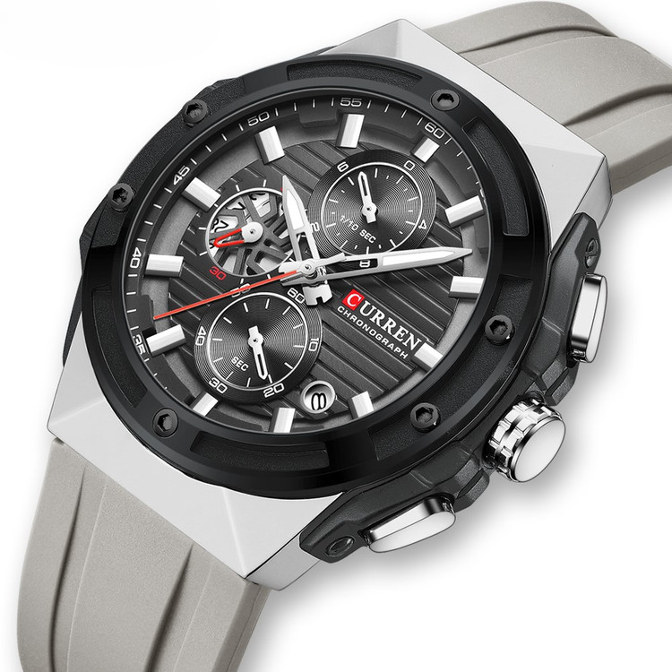 ساعت سه موتوره مردانه اسپرت بند سیلیکونی کارن 8462 (کورن CURREN) خاکستری