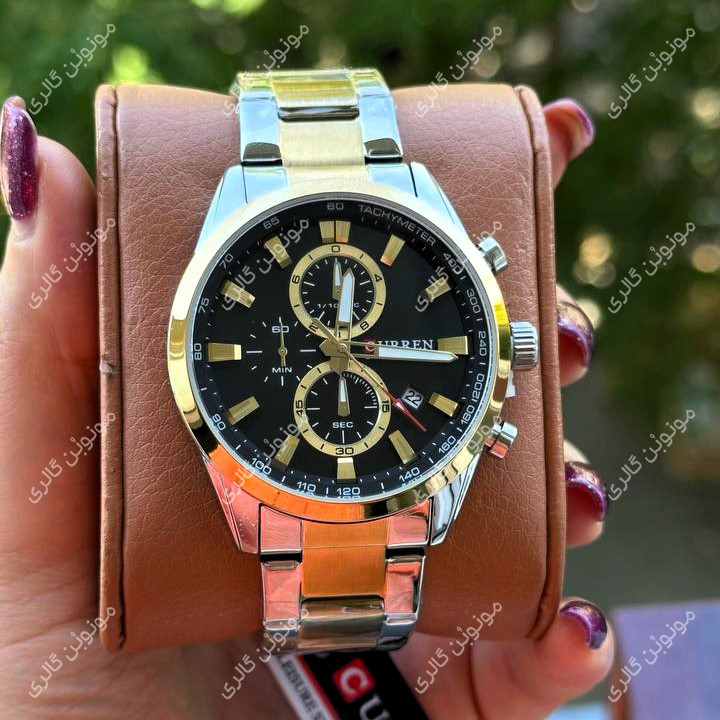 ساعت مچی مردانه کارن 8445 نقره ای-طلایی-مشکی CURREN سه موتور فعال