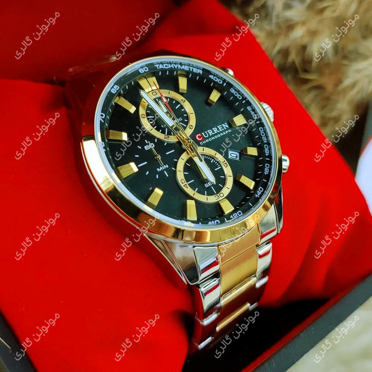ساعت مچی مردانه کارن 8445 نقره ای-طلایی-مشکی CURREN سه موتور فعال