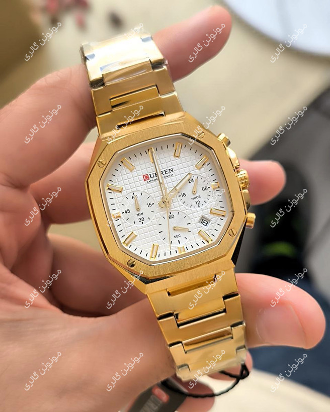 ساعت مچی مردانه کارن 8459 طلایی-سفید CURREN سه موتور فعال