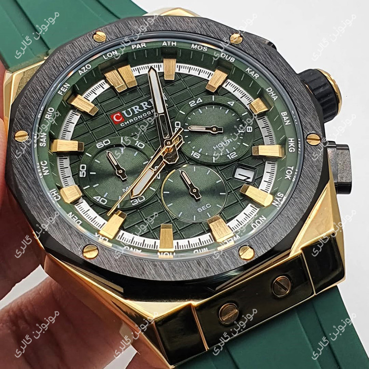 ساعت مچی مردانه کارن 8464 سبز-طلایی CURREN سه موتور فعال