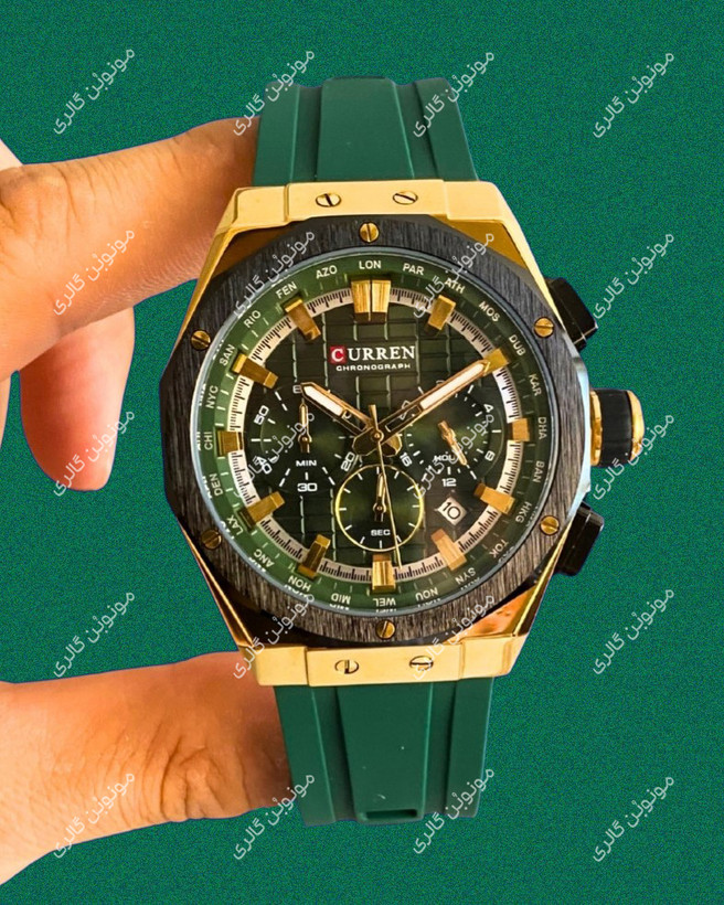 ساعت مچی مردانه کارن 8464 سبز-طلایی CURREN سه موتور فعال