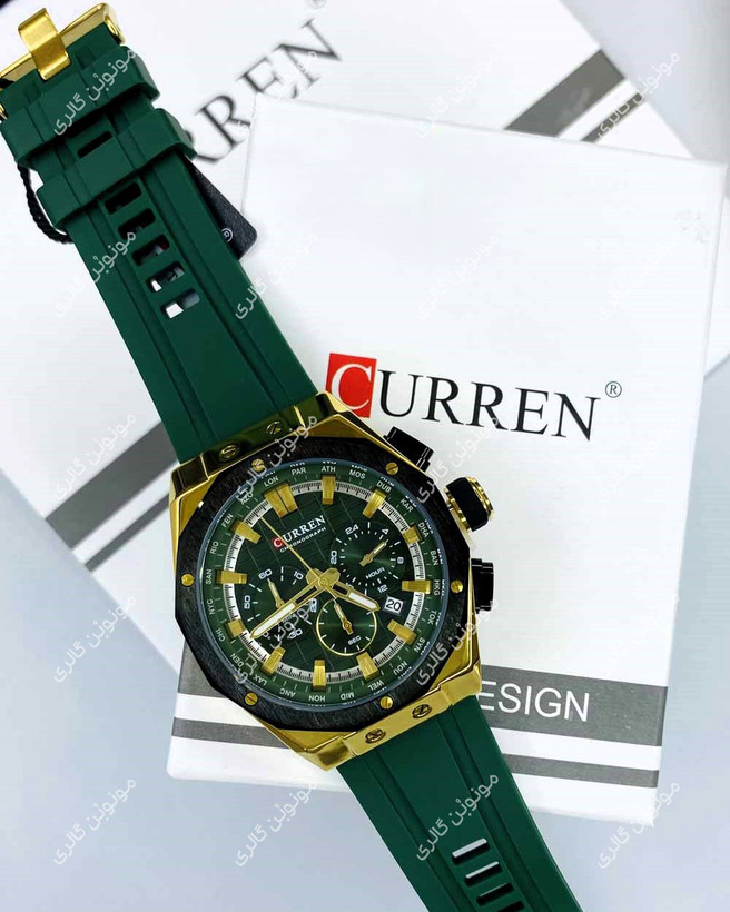 ساعت مچی مردانه کارن 8464 سبز-طلایی CURREN سه موتور فعال