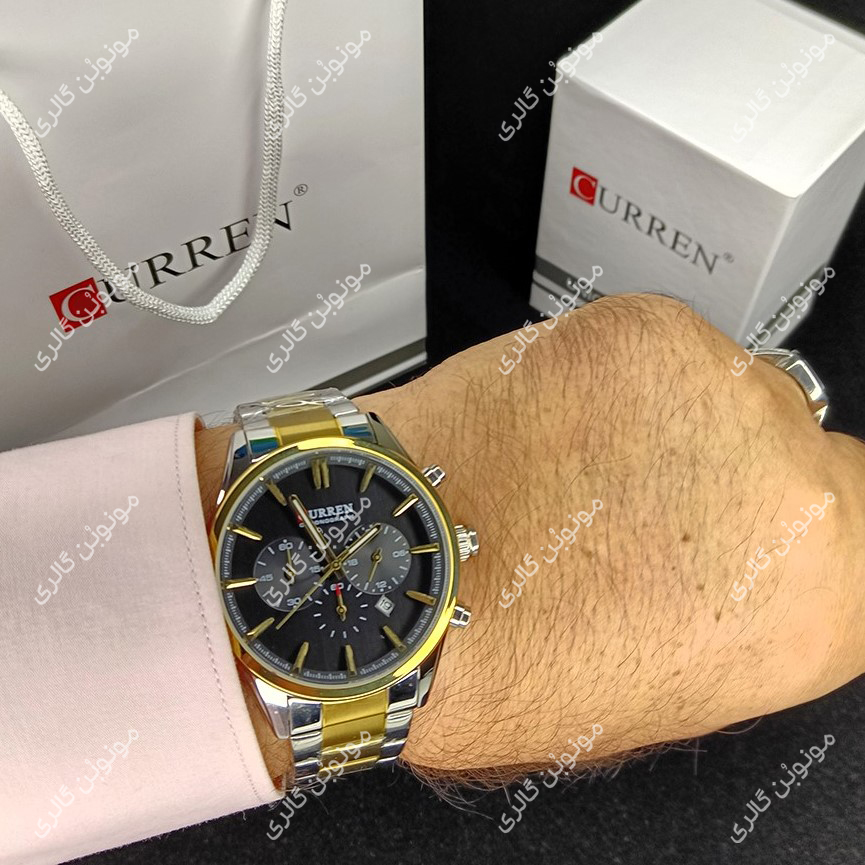 ساعت مچی مردانه کارن 8446 نقره ای-طلایی-مشکی CURREN سه موتور فعال