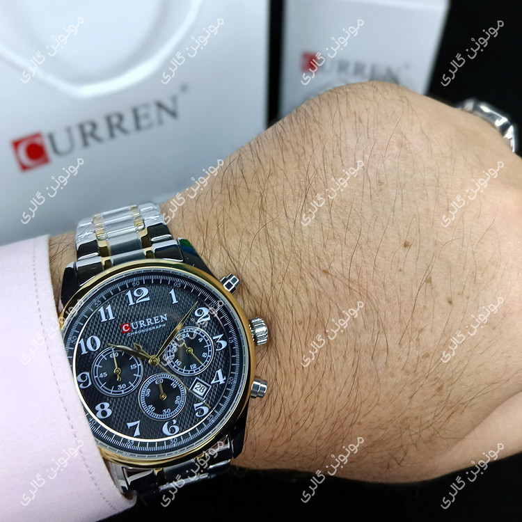 ساعت سه موتوره مردانه فول تایم کارن 8466 (کورن CURREN) نقره ای-طلایی-مشکی