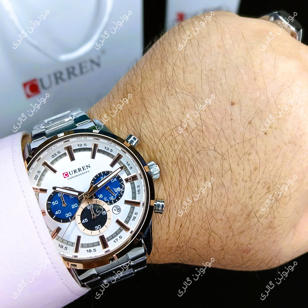 ساعت مچی مردانه کارن 8355 نقره ای-رزگلد (کورن CURREN) سه موتور فعال