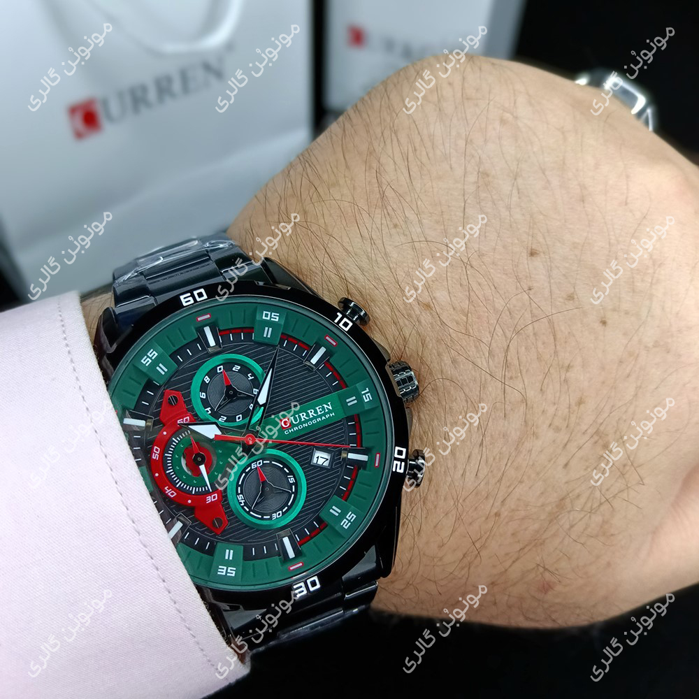 ساعت مچی مردانه کارن 8402 مشکی-سبز (کورن CURREN) سه موتور فعال