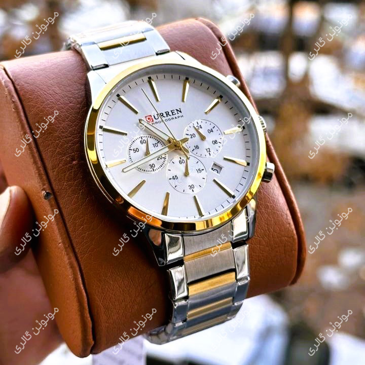 ساعت سه موتوره مردانه کارن 8435 نقره ای-طلایی-سفید (کورن CURREN) قفل و بند استیل | اورجینال