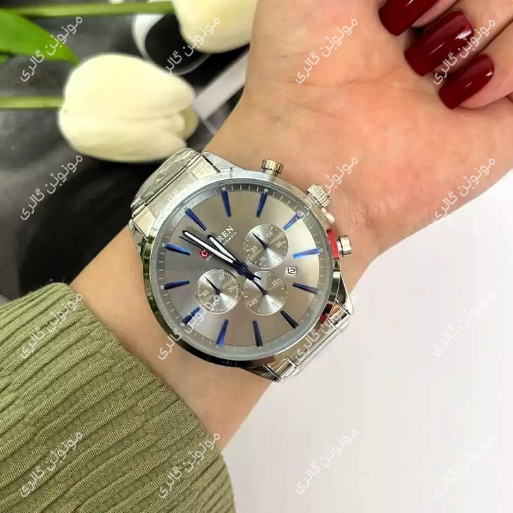 ساعت سه موتوره اورجینال مردانه کارن 8435 نقره ای-خاکستری (کورن CURREN) قفل و بند استیل