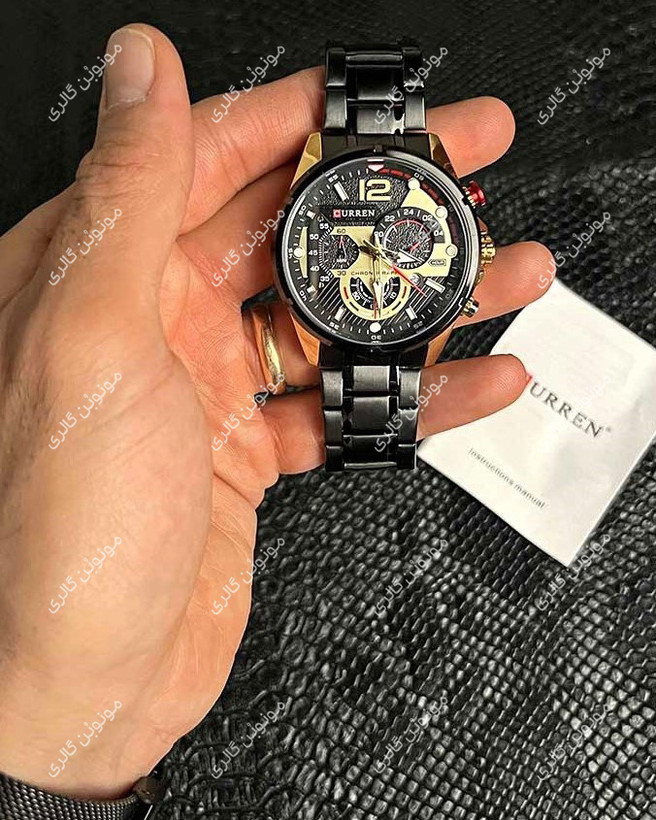 ساعت سه موتوره مردانه کارن 8395 مشکی-طلایی (کورن CURREN) قفل و بند استیل | اورجینال